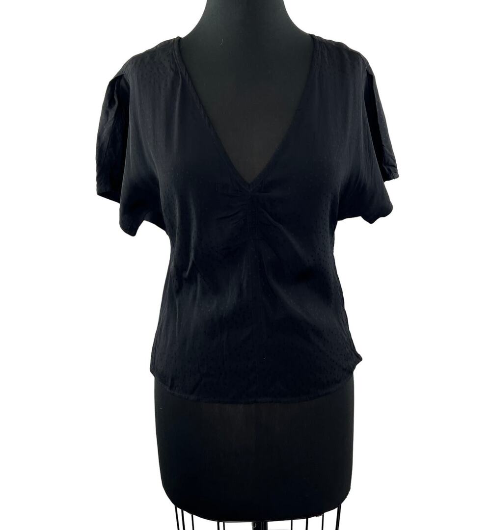 MADEWELL Black Blouse Top Floral Jacquard Viscose Ribbed V-Neck Size Zip Size 4